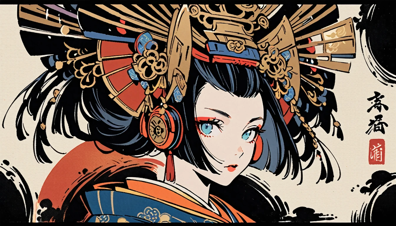 Ink Painting, (((1 girl))), (((Oiran))), (((Very flashy hair accessories))), (((Very fancy kimono))), Japanese style headphones, face close-up, Japanese Beauty, Black Hair, Delicate and precise, Modern ukiyo-e style