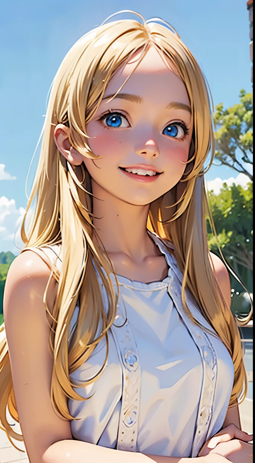 one very beautiful cute young girl, 10 years old, ((very happy smile )), Embarrassed blush, Beautiful very long shiny blonde straight hair with golden shine, Shiny and very beautiful pure white skin, Very beautiful and cute pale blue detailed eyes, shiny skin, Beautiful cute bright look, Clear double eyelids, beautiful cute big eyes, A perfectly balanced face.