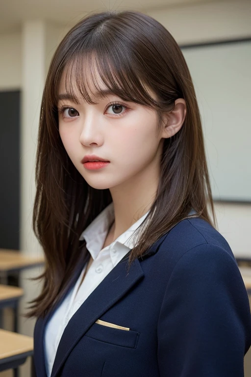 (masterpiece:1.5)、(Realistic:1.5)、(Highest quality:1.4、8k、RAW Photos）、
Ultra-high resolution、Professional Lighting、Perfect dynamic composition、classroom、
Film Grain、chromatic aberration、(Bokeh:1.1)、
Frank、Sophisticated、charm、Surreal、Attention to detail、Golden Ratio、
(1 girl)、Slender girl、Delicate and charming girl、Cute Woman:1.4、
Serious expression、Looking at the audience、Long Hair、
Light brown hair、Shiny Hair、
Realistic looking skin、
Beautiful Eyes、double eyelid、Thin arms、School uniforms、Navy blue blazer、Dress shirt、From the chest up