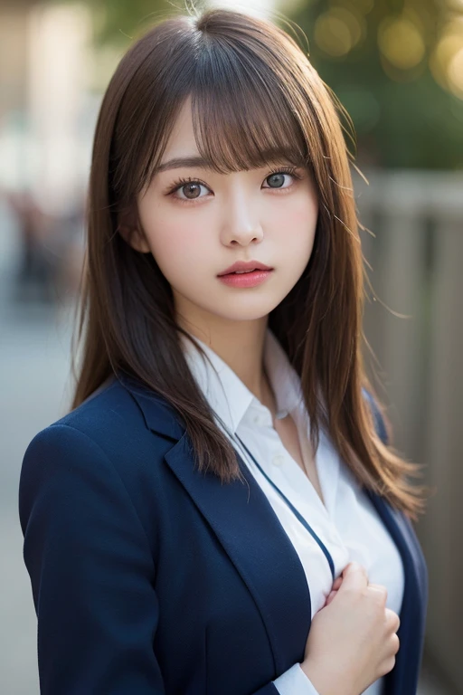 (masterpiece:1.5)、(Realistic:1.5)、(Highest quality:1.4、8k、RAW Photos)、
Ultra-high resolution、Professional Lighting、Perfect dynamic composition、classroom、
Film Grain、chromatic aberration、(Bokeh:1.1)、
Frank、Sophisticated、charm、Surreal、Attention to detail、Golden Ratio、
(1 girl)、Slender girl、Delicate and charming girl、Cute Woman:1.4、
Serious expression、Looking at the audience、Long Hair、
Light brown hair、Shiny Hair、
Realistic looking skin、
Beautiful Eyes、double eyelid、Thin arms、School uniforms、Navy blue blazer、Dress shirt、From the chest up