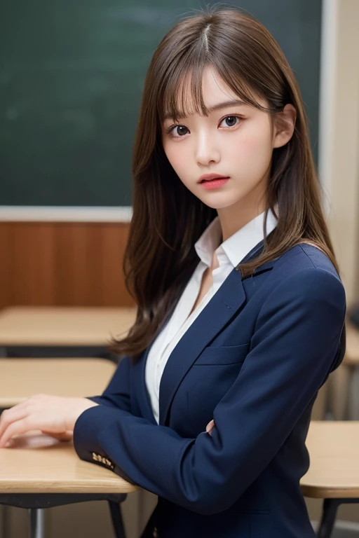 (masterpiece:1.5)、(Realistic:1.5)、(Highest quality:1.4、8k、RAW Photos)、
Ultra-high resolution、Professional Lighting、Perfect dynamic composition、classroom、
Film Grain、chromatic aberration、(Bokeh:1.1)、
Frank、Sophisticated、charm、Surreal、Attention to detail、Golden Ratio、
(1 girl)、Slender girl、Delicate and charming girl、Cute Woman:1.4、
Serious expression、Looking at the audience、Long Hair、
Light brown hair、Shiny Hair、
Realistic looking skin、
Beautiful Eyes、double eyelid、Thin arms、School uniforms、Navy blue blazer、Dress shirt、From the chest up
