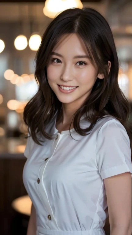A superb exquisite real beautiful girl, semi-long hair, extremely exquisite facial features, peerless beautiful girl, navy shirt dress, slender, small breasts, exposed thighs, sweet shy smile with teeth, soft, dreamy quality, light white and dark brown, exaggerated facial features, solid color, frank off-white, surreal, ultra-clear, beautiful, cute and lively, background at the bar counter,
