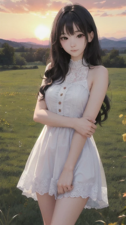 (masterpiece), (best quality), (absurdres), (looking at viewer), (cowboy shot), peaceful face,
sunset, 
country side, outdoors,
long hair, black hair, natural wavy, side bang, fringe, black eyes,
dress, bare legs, standing,