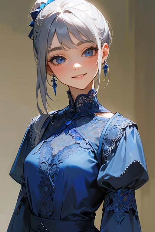 (masterpiece: 1.2, Highest quality), (Actual Photos, Intricate details), 1. woman, alone, Upper Body, casual, Shoulder-length hair, Minimal makeup, Natural materials, Face close-up, smile, Home, Gray Hair, blue eyes, Shoulder Bare、Smiling with teeth showing、((Blue lace outfit))、ponytail、