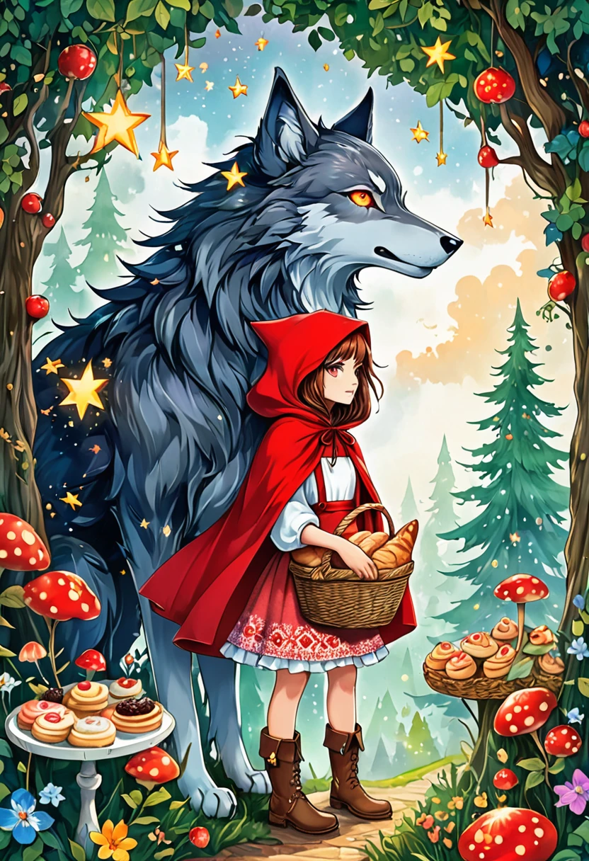 Create an imaginative illustration spanning from a traditional tale of Little Red Riding Hood. Set the scenery in a forest with towering, mythical trees that stretch beyond the clouds. Little Red Riding Hood, a young Caucasian girl, is wearing her signature red hooded cloak, a patchwork dress of vibrant colors, and sturdy brown boots, carrying a basket full of pastries. A gigantic, almost ethereal wolf, with glaring luminescent eyes, lurks behind the dense foliage, watching her with an intent gaze. The overall ambiance should be filled with fantasy elements - think of glowing plants, peculiar animals with uncommon attributes, and a sky speckled with twinkling, colorful stars.