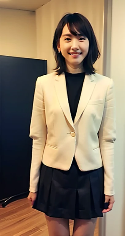 Highest quality, masterpiece, Ultra-high resolution, (Realistic:1.4), One Girl, Beautiful Japanese Women, Beautiful Skin, Black Hair:1.7, gakki, ((short hair:1.5)), Age 25, Smile happily:1.2, ((Checked mini skirt、Loafer Uniform、Dark blue socks、blazer、Big Breasts、Viewed from the front、Stand with your feet apart))