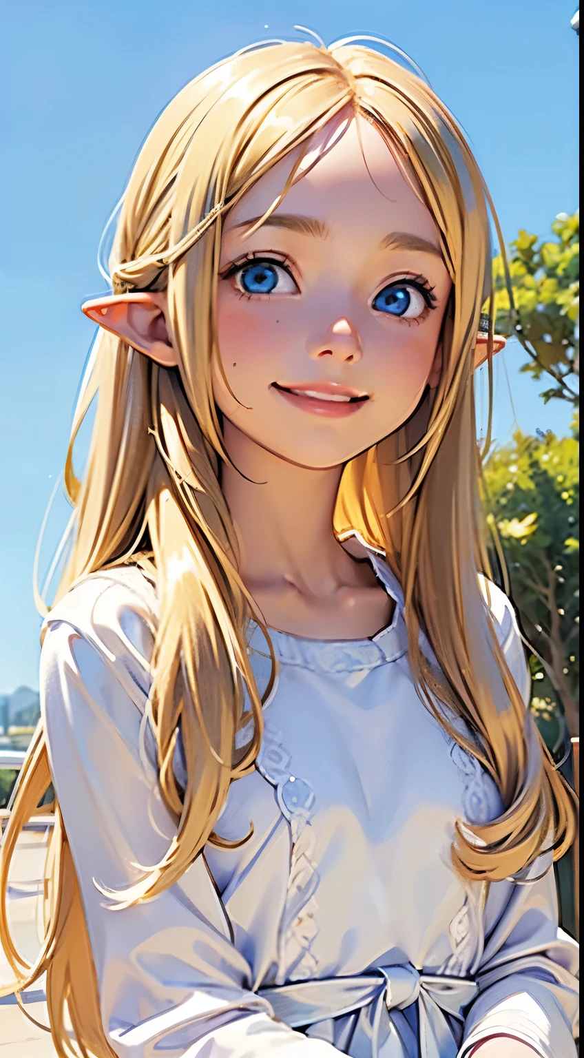 one very beautiful cute young girl, 10 years old, ((very happy smile )), Embarrassed blush, Beautiful very long shiny blonde straight hair with golden shine, Shiny and very beautiful pure white skin, Very beautiful and cute pale blue detailed eyes, shiny skin, Beautiful cute bright look, Clear double eyelids, beautiful cute big eyes, A perfectly balanced face. Elf ears.