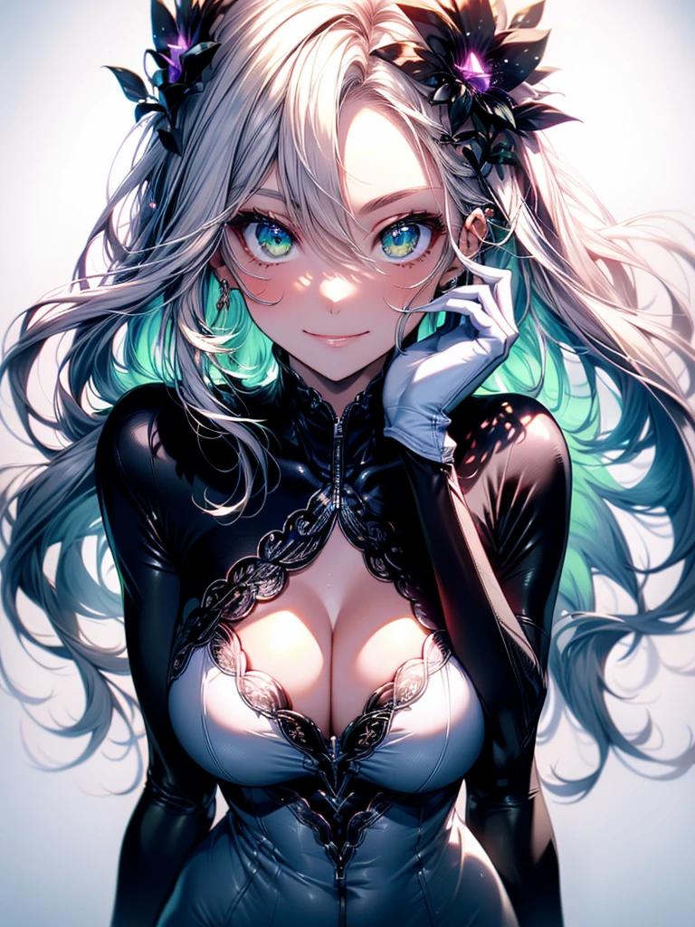 masterpiece, best quality, mature woman, long hair, white hair with green color inner, green eyes color, white gloves, anime, very_long_hair, perfect body, large_breasts, ultra-detailed, high quality, 1girl, 4k ,perfect hands, full body, great details, beautiful anime illustrations, 26 years old, white stockings, (((correct anatomy:1.5))), ((perfect hand:1.5, Ideal body proportions:1.37)), Good realistic skin:1.1, look at the audience:1.3, (Dynamic angle:1.3, Focus Target:1.3), (Many poses:0.0), (charming, Smile sexy too.:1.4), The picture in the middle:0.2, ((milf:1.5, alone:1.5)), wimple, white saintess dress