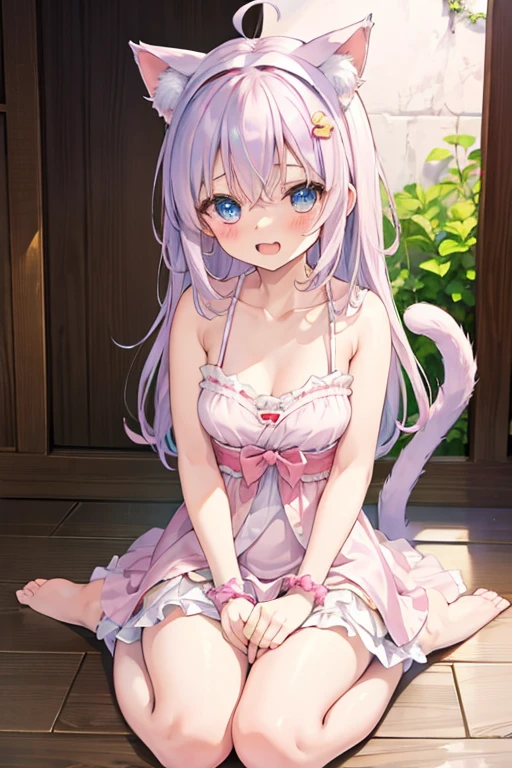 anklet,hairband,fang,soaked,yukata,cleavage,orgasm,masterpiece, best quality, kawaii, ahoge, beautiful detailed eyes, aqua eyes, eyeball, cat_ears, medium breasts, bare legs, no legwear, wristband, loli, light blush, student, excited, seductive smile, nose blush , open mouth, on_stomach, tail