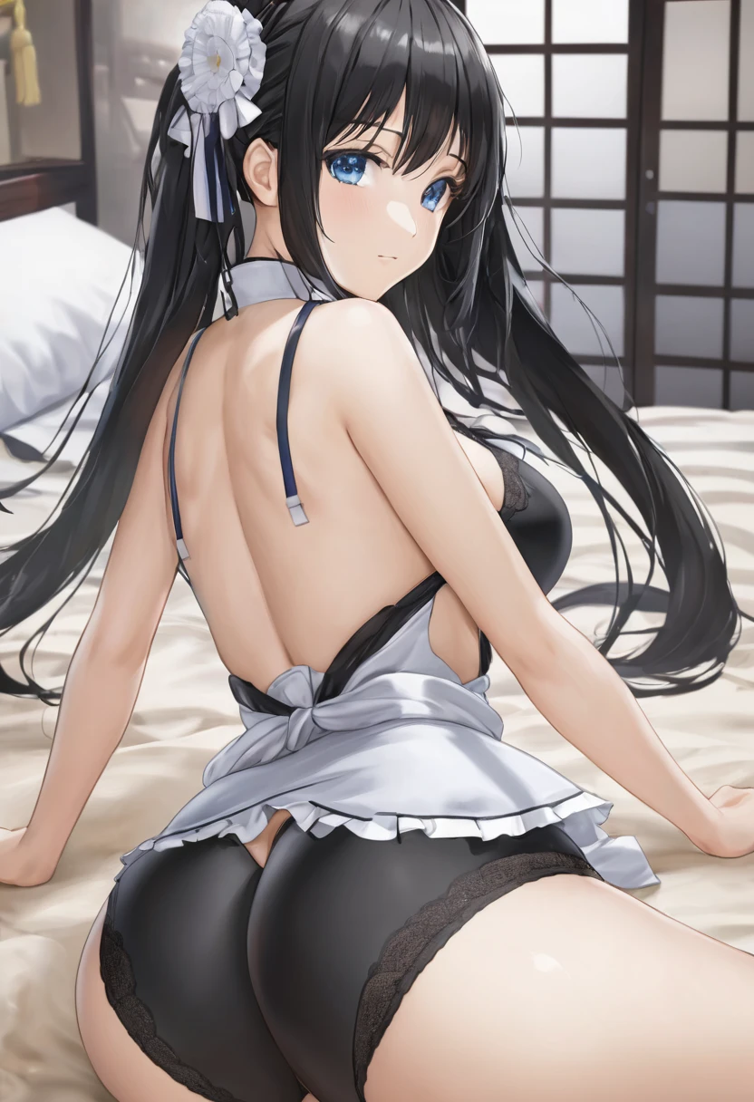 Iroha, super breasts, thick thighs, long black hair, 8K, 4k, highest quality, high resolution: 1.2), cute anime face, noise reduction, maid, Japanese style maid, black leotard, full body portrait, digging leotard, Liu Erdao, sandals, blue eyes, black long tights, gentle smile, white kimono, thong digging into buttocks, buttocks emphasis