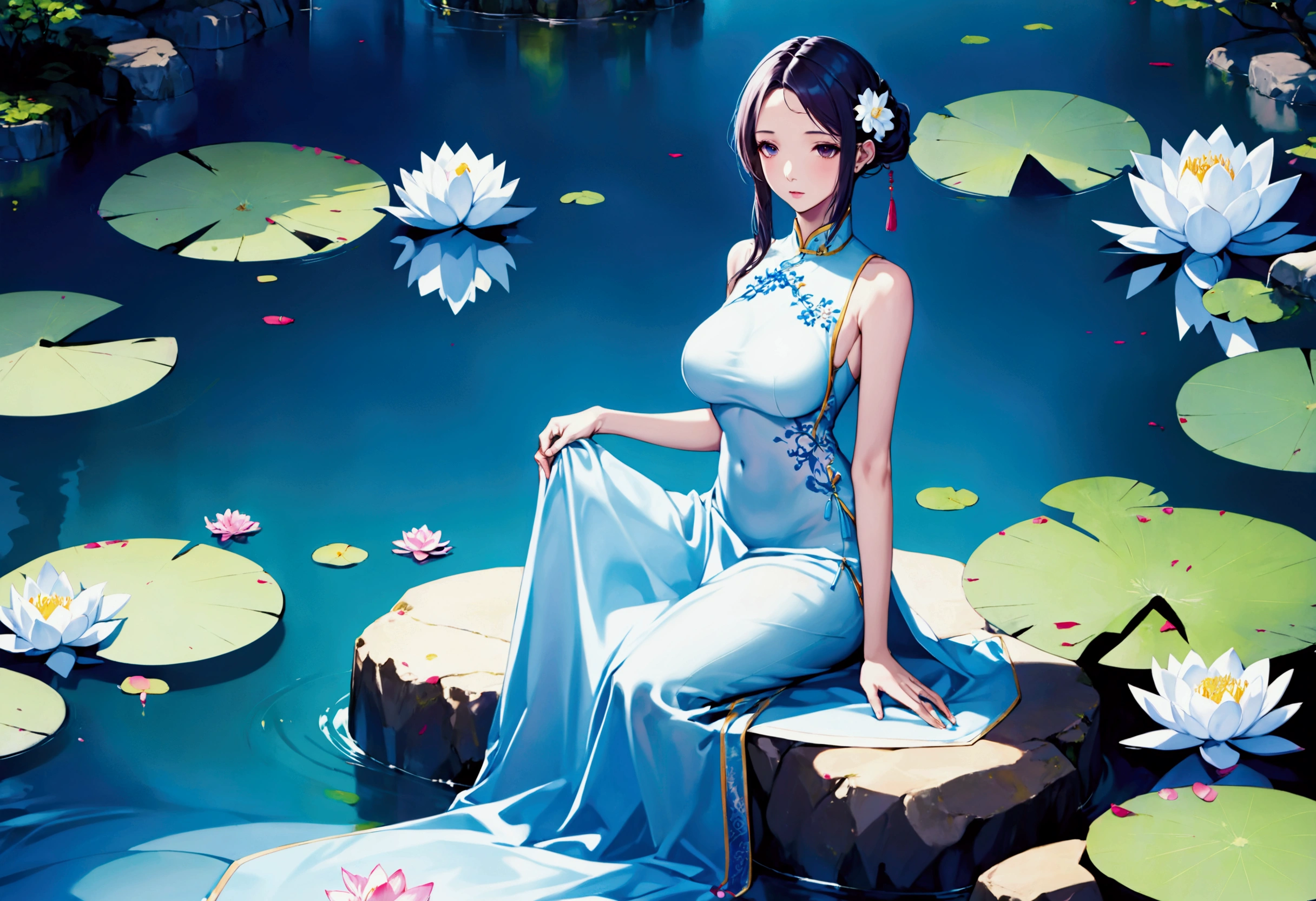 There is a blue dress, 16 long legs, a woman sitting on a rock in the water, standing elegantly on a lotus flower, ethereal beauty, wearing a blue cheongsam, court, a girl in Hanfu, wearing a blue cheongsam, full of fairy Xia, in the pond, white Hanfu, a stunning young ethereal figure, flowing dress, light blue, hair behind ear  