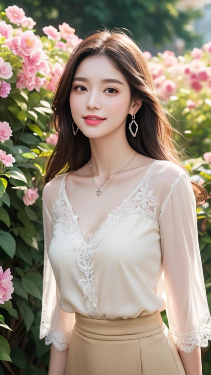 (Highest quality、 8k 、masterpiece、High resolution)、wallpaper、Young Woman、Ample breasts、Beautiful clavicle、Slender beauty、(Brown and black medium、My hair is blowing in the wind、Flows backwards)、whole body、 (Beautiful Face,Beautiful Eyes,Beautiful nose,Pretty lips)、(Flower Earrings、silver heart pendant necklace)、(Feminine Style、3/4 Sleeve Lace Blouse、Beige skirt)、Her mouth opens slightly and a smile appears.、Dynamic pose、Outdoor、garden、Colorful flowers、looking at the camera、Professional Lighting、Professional photographer、