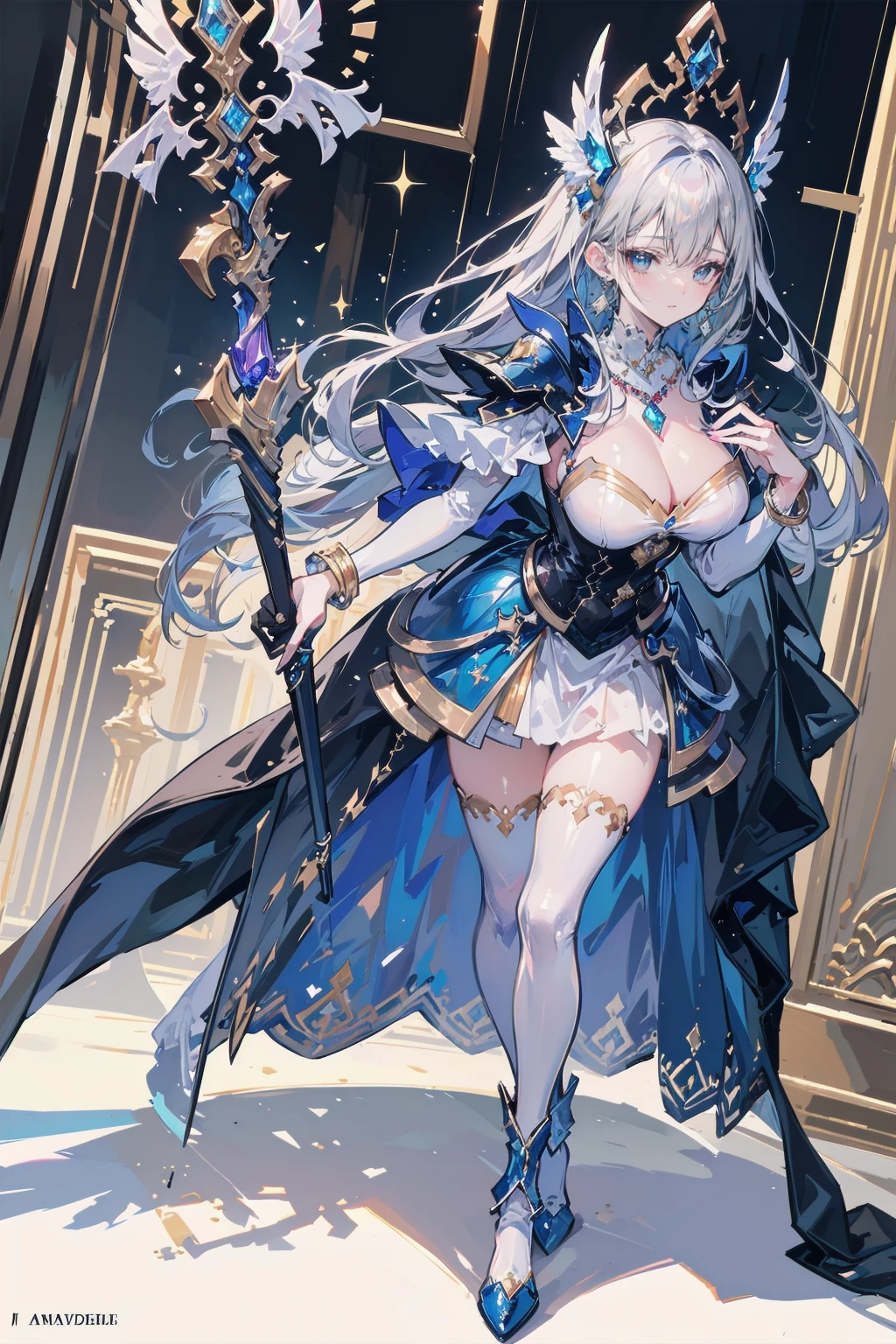 One young and beautiful woman,(Highest quality,Extremely detailed depiction,Incredible high resolution,Anatomically accurate depiction,Curvy Legs),(Glowing Skin,Glowing Skin),(A female swordsman with a noble aura),(Blue Armor,Blue Boots,Metal embroidery,Transparent gemstones and precious metals decoration,Exquisite armor detailing,Holy sword,Valkyrie Helmet,Cape,White tights),(blue eyes,Half-closed eyes:1.3,Shadowed face,lipstick,There is cleavage in the chest,Cool look),eyelash,Luxury Accessories,Earrings,necklace,bracelet,Standing posture