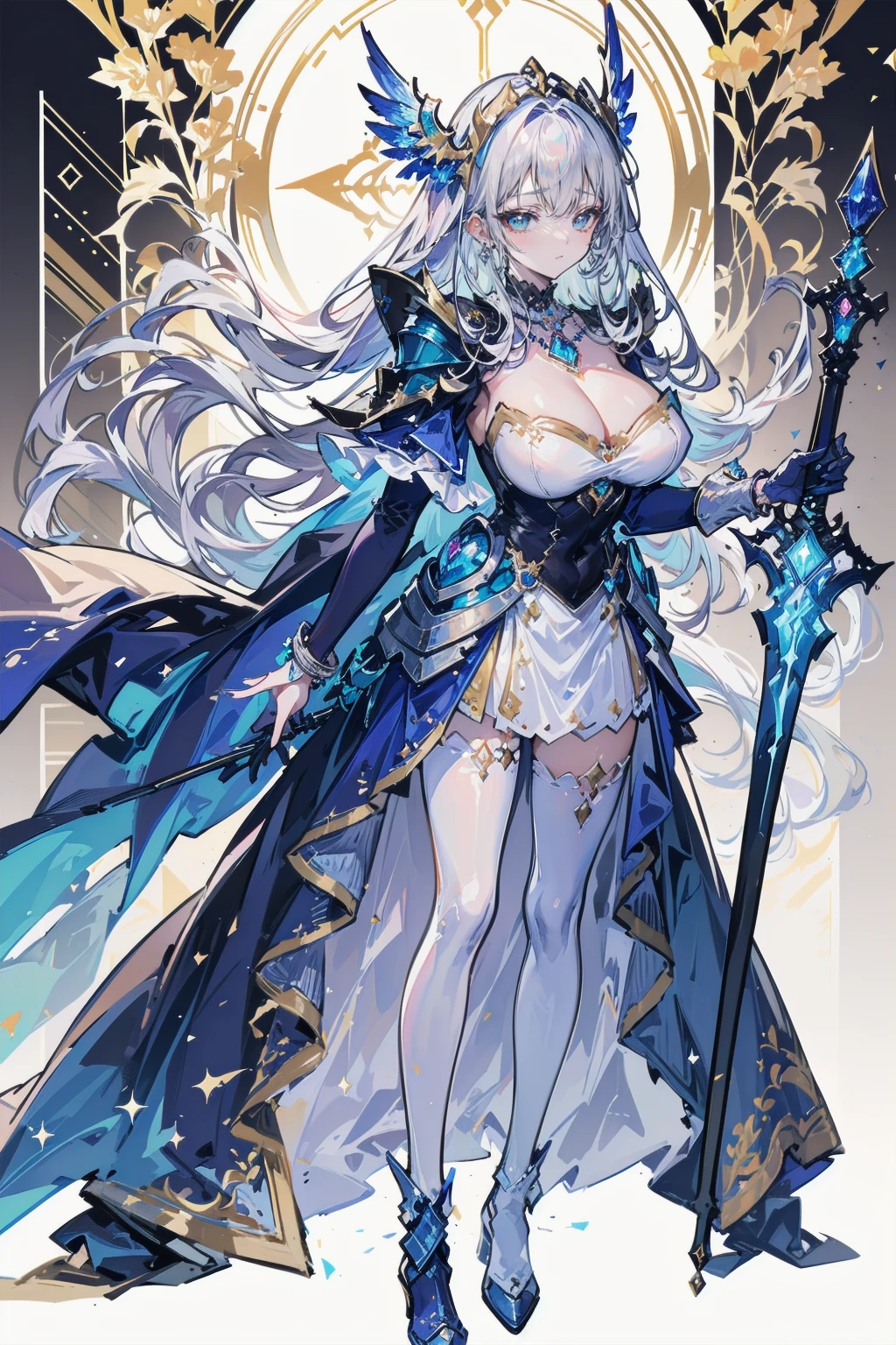 One young and beautiful woman,(Highest quality,Extremely detailed depiction,Incredible high resolution,Anatomically accurate depiction,Curvy Legs),(Glowing Skin,Glowing Skin),(A female swordsman with a noble aura),(Blue Armor,Blue Boots,Metal embroidery,Transparent gemstones and precious metals decoration,Exquisite armor detailing,Holy sword,Valkyrie Helmet,Cape,White tights),(blue eyes,Half-closed eyes:1.3,Shadowed face,lipstick,There is cleavage in the chest,Cool look),eyelash,Luxury Accessories,Earrings,necklace,bracelet,Standing posture