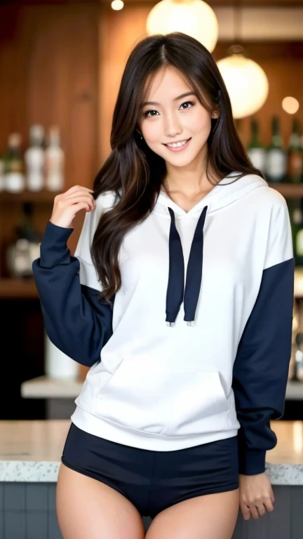 A superb exquisite real beautiful girl, semi-long hair, extremely exquisite facial features, peerless beautiful girl, navy oversized hoodie, slender, small breasts, exposed thighs, sweet shy smile with teeth, soft, dreamy quality, light white and dark brown, exaggerated facial features, solid color, surreal, ultra-clear, beautiful, cute and lively, background at the bar counter,