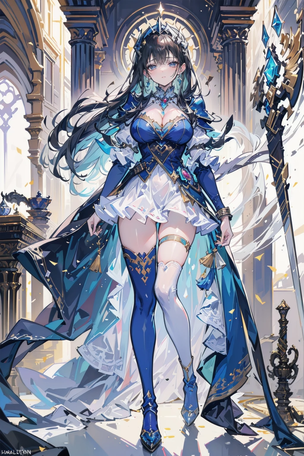 One young and beautiful woman,(Highest quality,Extremely detailed depiction,Incredible high resolution,Anatomically accurate depiction,Curvy Legs),(Glowing Skin,Glowing Skin),(A female swordsman with a noble aura),(Blue Armor,Blue Boots,Metal embroidery,Transparent gemstones and precious metals decoration,Exquisite armor detailing,Holy sword,Valkyrie Helmet,Cape,White tights),(blue eyes,Half-closed eyes:1.3,Shadowed face,lipstick,There is cleavage in the chest,Cool look),eyelash,Luxury Accessories,Earrings,necklace,bracelet,Standing posture