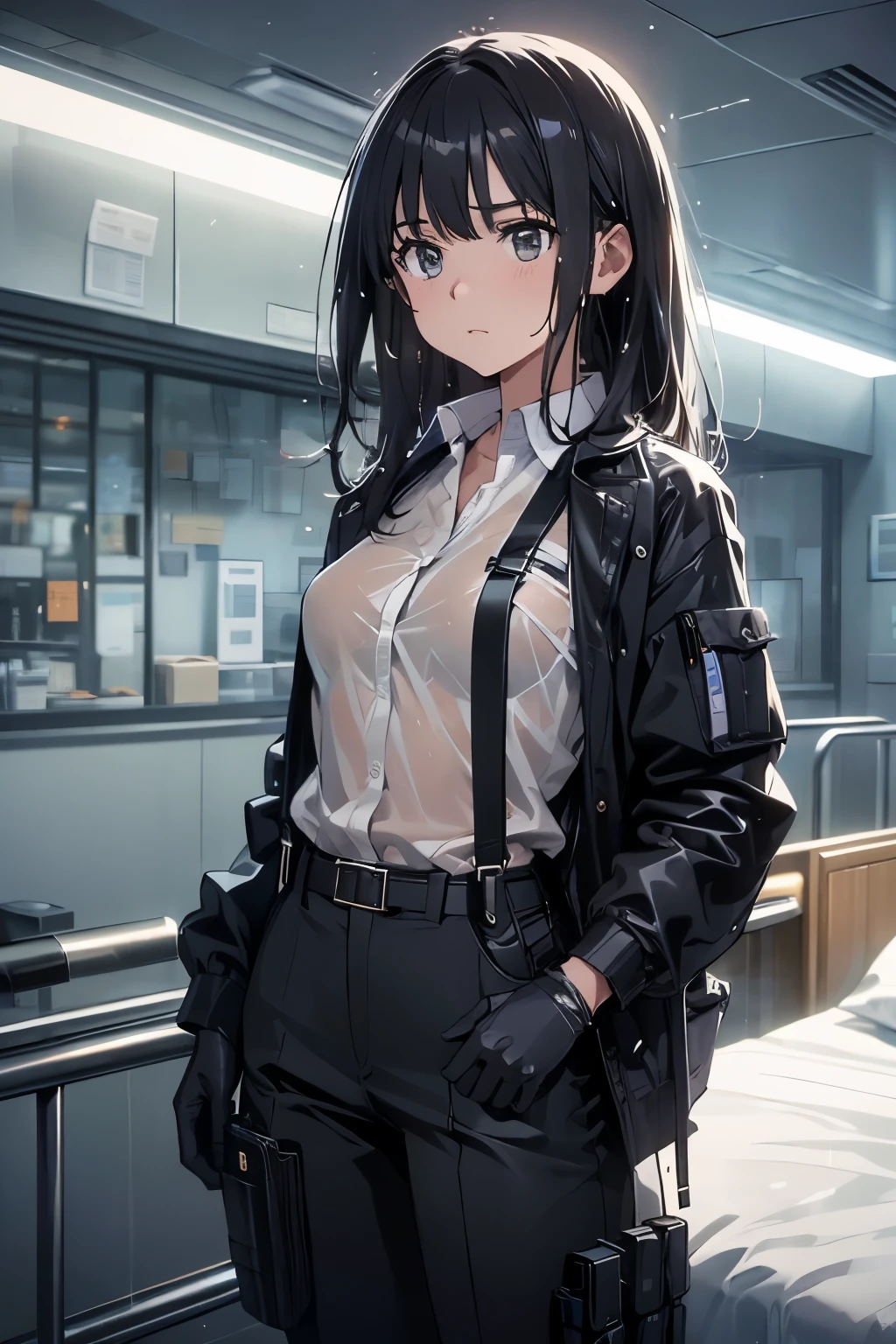 1 female, , high quality, masterpiece, Ultra-high resolution, , Cinema Lighting, , , And the suspenders with the cranes flying　　　Large Breasts　 　 　　　　Small face　 　　　holster　　　　　　　 Lying in bed　Looking up　　　　Sweat 　　　belt　summer　脇Sweat 　Black Hole Gloves　suit　shirt　　Black jacket　 Black trousers　Leg Links　ズボンにbelt　　holster　 　　Hands behind your back　 Anxious expression　Looking up　Anxious face, legs apart　Armament　Handgun　handcuffs　Cable ties　レッグholster　holster　See-through clothing　heavy rain　Getting wet in the rain