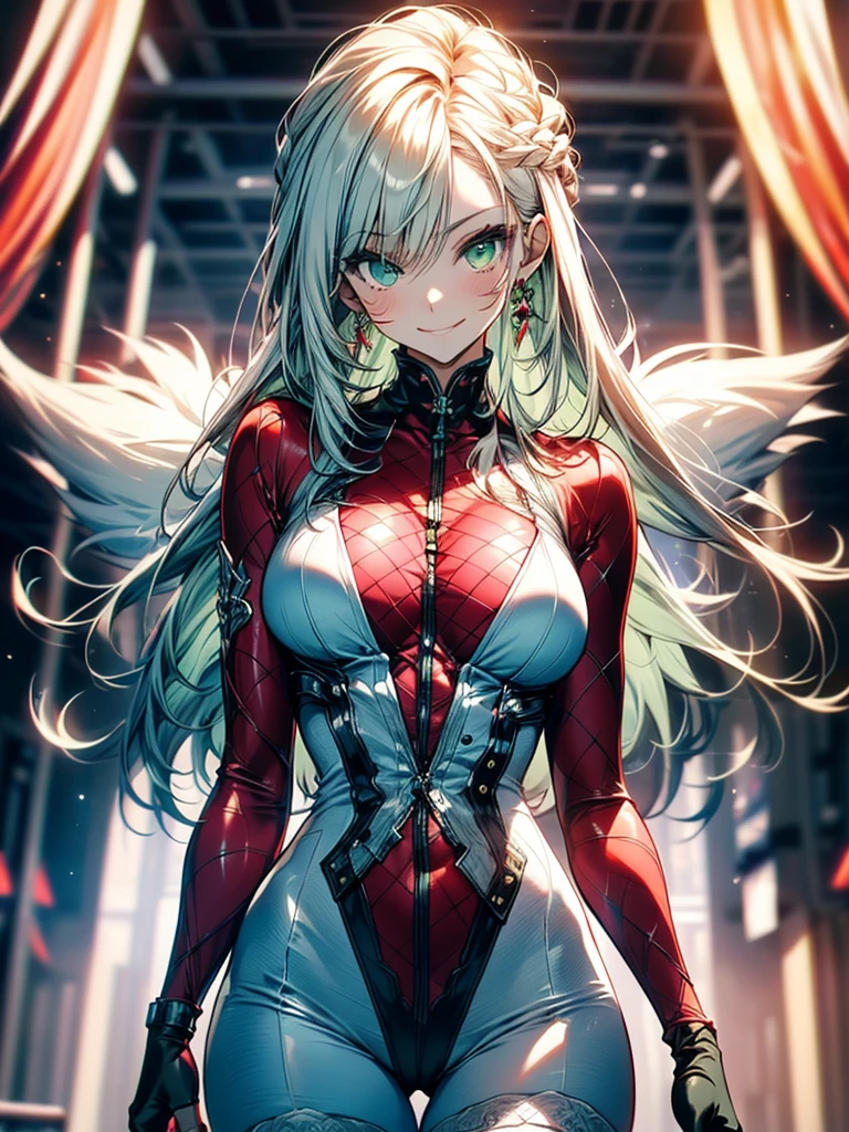 masterpiece, best quality, mature woman, long hair, white hair with green color inner, green eyes color, white gloves, anime, very_long_hair, perfect body, large_breasts, ultra-detailed, high quality, 1girl, 4k ,perfect hands, full body, great details, beautiful anime illustrations, 26 years old, white stockings, (((correct anatomy:1.5))), ((perfect hand:1.5, Ideal body proportions:1.37)), Good realistic skin:1.1, look at the audience:1.3, (Dynamic angle:1.3, Focus Target:1.3), (Many poses:0.0), (charming, Smile sexy too.:1.4), The picture in the middle:0.2, ((milf:1.5, alone:1.5)), wimple, white saintess dress