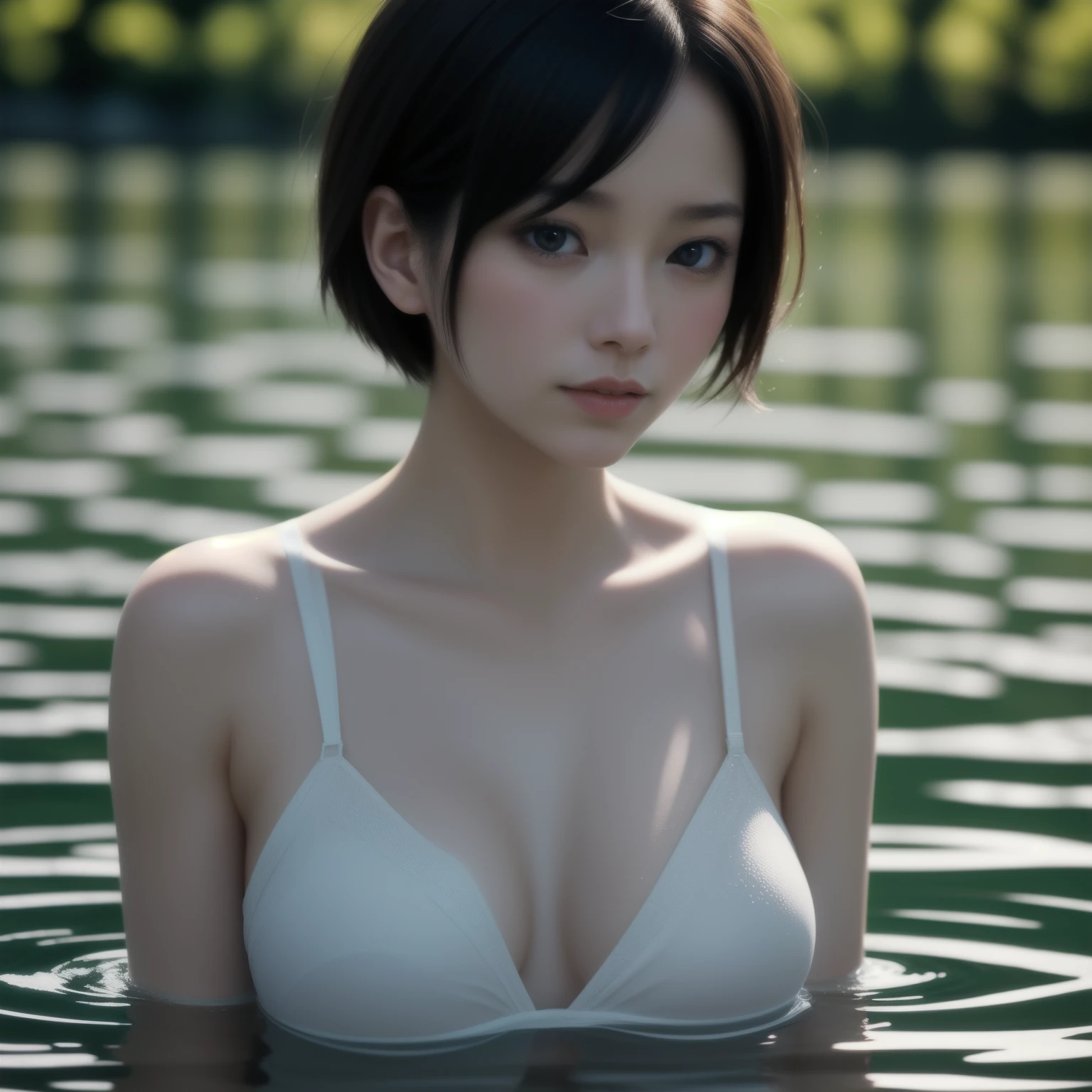Beautiful Young Female ,Short hair ,Lake, extremely delicate and beautiful,Outstanding light and shadow, highly detailed wallpaper,Clear and bright sunlight, Professional portrait, Semi-nude photography, close up portrait of bathing in a lake, reeds, (backlighting) Sparkling water surface, masterpiece, Soaked in water, Wearing red Beltbra, Upper breasts, lens flare, Shade, bloom, [chromatic aberration], by Jeremy Lipking, by Antonio J. Manzanedo, digital painting, (((Misako Renbutsu))) 8K TopQuality
