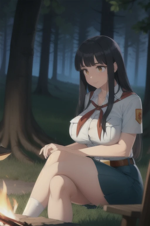 high quality, best quality, beautiful, perfect lighting, detailed face, ultra cute face, 1girl, solo, black hair, long hair, orange eyes, big breasts, large breats, huge breats, thick thighs, wind lift, outdoors, grass, field, forest, pioneer neckerchief, pioneer movement soviet pioneer, short skirt, blue skirt, bangs, shirt, collarbone, white shirt, short sleeves, collared shirt, belt, neckerchief, eyelashes, red neckerchief, pocket, breast pocket, night, forest, campfire, sitting, crossed legs