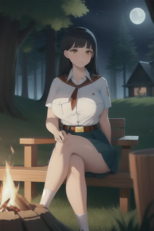 high quality, best quality, beautiful, perfect lighting, detailed face, ultra cute face, 1girl, solo, black hair, long hair, orange eyes, big breasts, large breats, huge breats, thick thighs, wind lift, outdoors, grass, field, forest, pioneer neckerchief, pioneer movement soviet pioneer, short skirt, blue skirt, bangs, shirt, collarbone, white shirt, short sleeves, collared shirt, belt, neckerchief, eyelashes, red neckerchief, pocket, breast pocket, night, forest, campfire, sitting, crossed legs