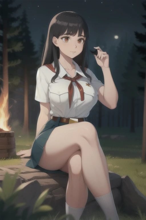 high quality, best quality, beautiful, perfect lighting, detailed face, ultra cute face, 1girl, solo, black hair, long hair, orange eyes, big breasts, large breats, huge breats, thick thighs, wind lift, outdoors, grass, field, forest, pioneer neckerchief, pioneer movement soviet pioneer, short skirt, blue skirt, bangs, shirt, collarbone, white shirt, short sleeves, collared shirt, belt, neckerchief, eyelashes, red neckerchief, pocket, breast pocket, night, forest, campfire, sitting, crossed legs