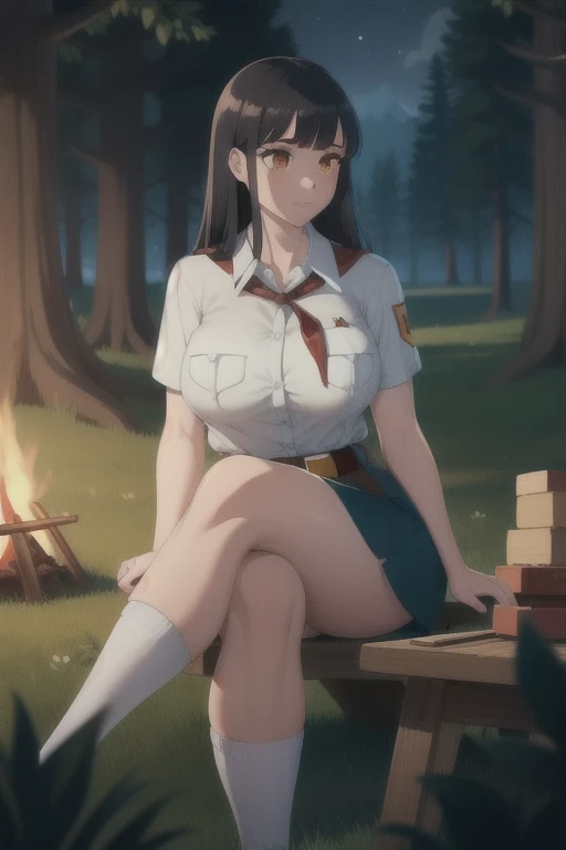 high quality, best quality, beautiful, perfect lighting, detailed face, ultra cute face, 1girl, solo, black hair, long hair, orange eyes, big breasts, large breats, huge breats, thick thighs, wind lift, outdoors, grass, field, forest, pioneer neckerchief, pioneer movement soviet pioneer, short skirt, blue skirt, bangs, shirt, collarbone, white shirt, short sleeves, collared shirt, belt, neckerchief, eyelashes, red neckerchief, pocket, breast pocket, night, forest, campfire, sitting, crossed legs