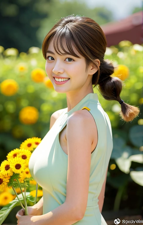 Highest image quality, outstanding details, ultra-high resolution, (realism: 1.4), ((close up:0.75)), highly condensed 1 Japanese lady, beautiful and a delicate face, smile, perfect proportion, (stand up straight, chubby:0.3, small breasts), (hairstyle short ponytail ), (cloths color base ratio white:0.7 other-color:0.1), (wearing White sleeveless beautiful dress, holding a sunflower ), captain, background green forest,
