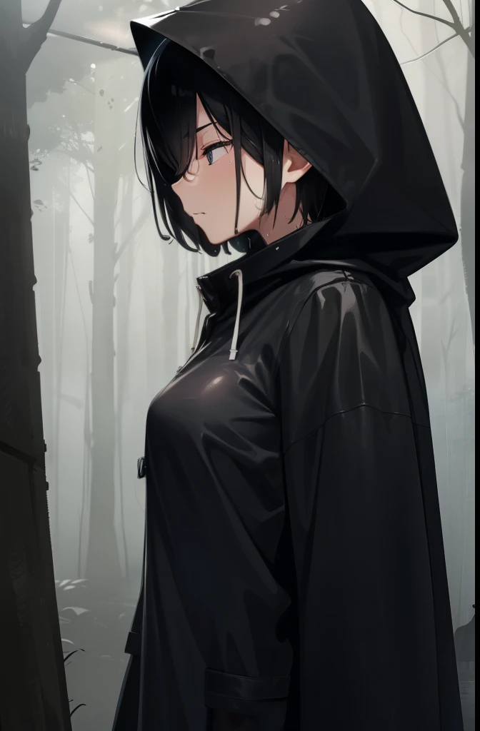 forest,rain,fog,cloudy,Girl 1,boyish,short hair,Black Hair,Long black raincoat,Wear a hood,Serious face,Wet,Are standing,Gloomy face,front,Cowboy Shot,Black Mask,close your eyes,Large Breasts