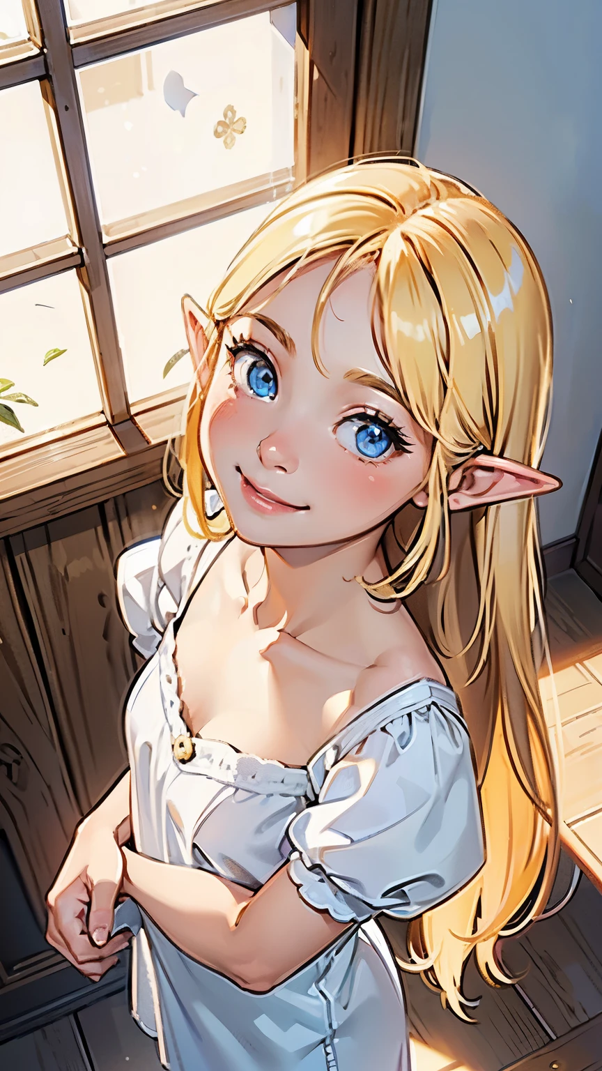 one very beautiful cute young girl, , ((very happy smile )), Embarrassed blush, Beautiful very long shiny blonde straight hair with golden shine, Shiny and very beautiful pure white skin, Very beautiful and cute pale blue detailed eyes, shiny skin, Beautiful cute bright look, Clear double eyelids, beautiful cute big eyes, A perfectly balanced face, ((white camisole)), ((view from above:1.2)). Elf ears.