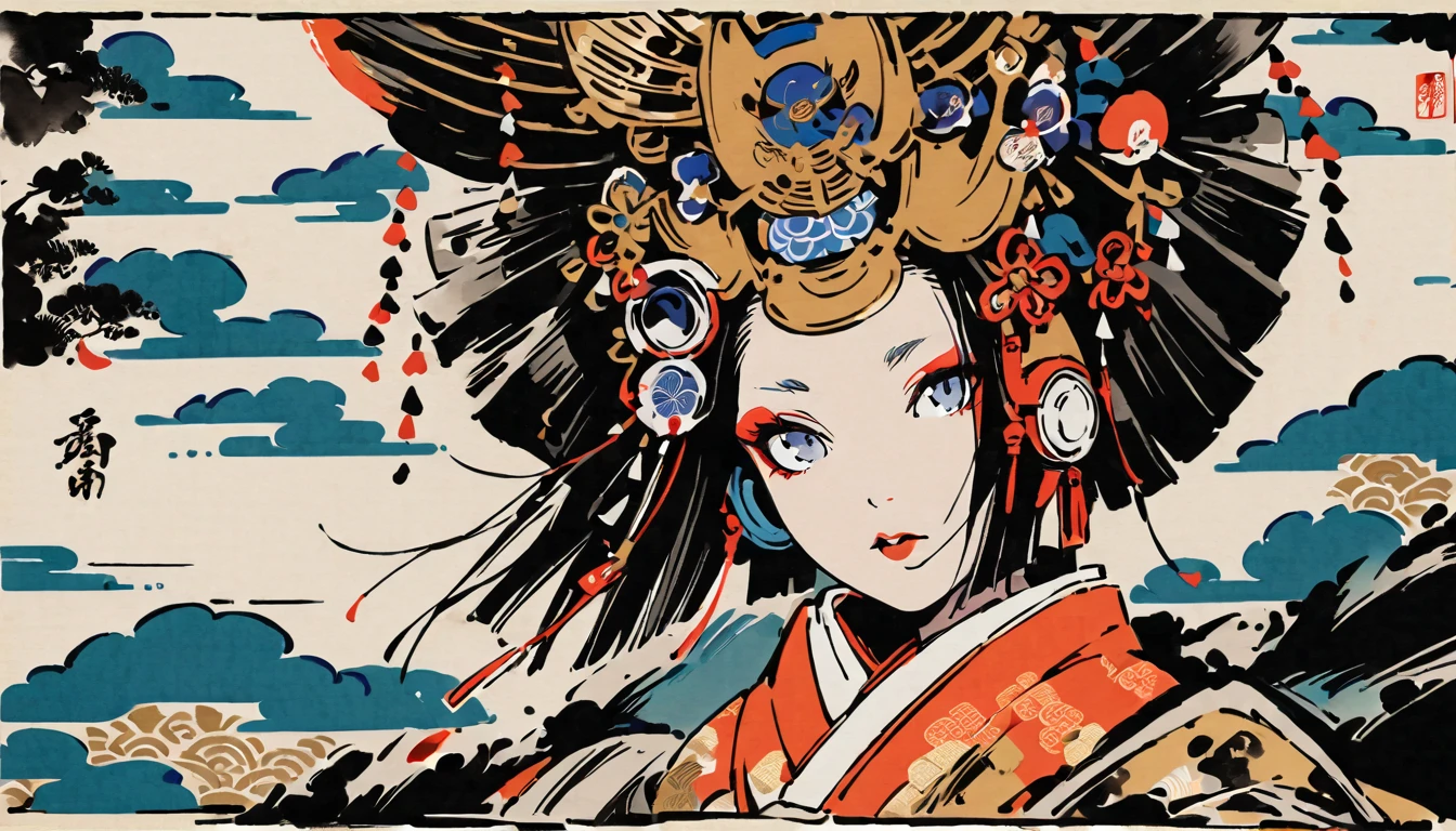 Ink Painting, (((1 girl))), (((Oiran))), (((Very flashy hair accessories))), (((Very fancy kimono))), Japanese style headphones, face close-up, Japanese Beauty, Black Hair, Delicate and precise, Modern ukiyo-e style, vivid color