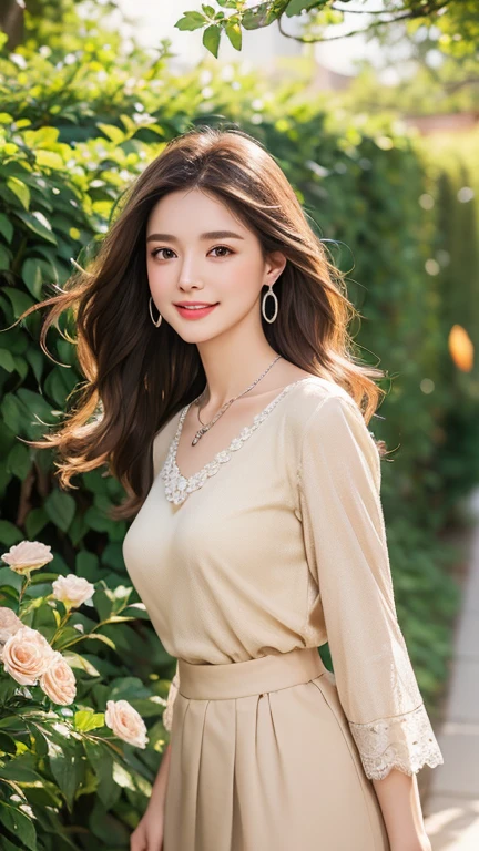 (Highest quality、 8k 、masterpiece、High resolution)、wallpaper、Young Woman、Ample breasts、Beautiful clavicle、Slender beauty、(Brown hair medium、My hair is blowing in the wind、Flows backwards)、whole body、 (Beautiful Face,Beautiful Eyes,Beautiful nose,Pretty lips)、(Flower Earrings、silver heart pendant necklace)、(Feminine Style、3/4 Sleeve Lace Blouse、Beige skirt)、Her mouth opens slightly and a smile appears.、Dynamic pose、Outdoor、garden、Colorful flowers、looking at the camera、Professional Lighting、Professional photographer、