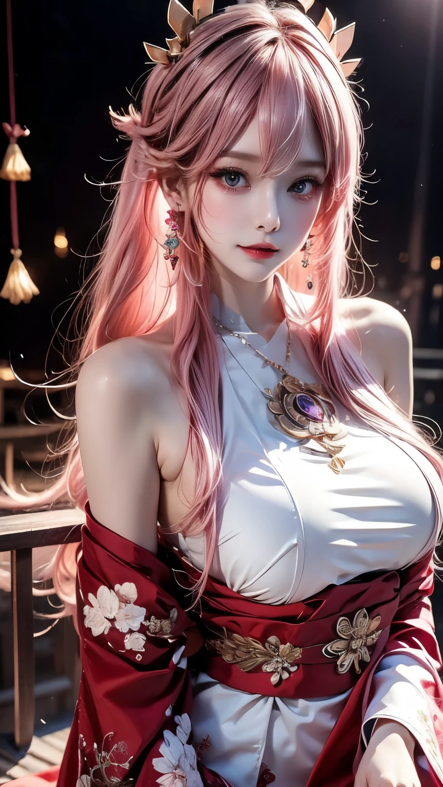 shenzi,1 girl,long hair,pink hair,purple eyes,very long hair,hair_decoration,Pink kimono, ((whole body)), ((from below)), Yushuxin,1 girl,alone, ((stand up, Leaning on the ledge)), ((Lean over)), ((The characteristics are very clear, Clear face, Clear face)), ((bare shoulders)),red lips, cosmetics, close up, elegant pose, Seductive pose, Perfect Curve, Slim, sexly, big breasts, , fair legs, charming gaze, bite lip, messy long hair, simple casual scene, Very detailed, Ultra-clear, best quality, official art, exquisite earrings, exquisite necklace, Very detailed description, Super fair painting, Advanced features, elegant, fair, Super fine details, masterpiece, real texture, Realistic movie lighting, masterpiece, best quality, upper body