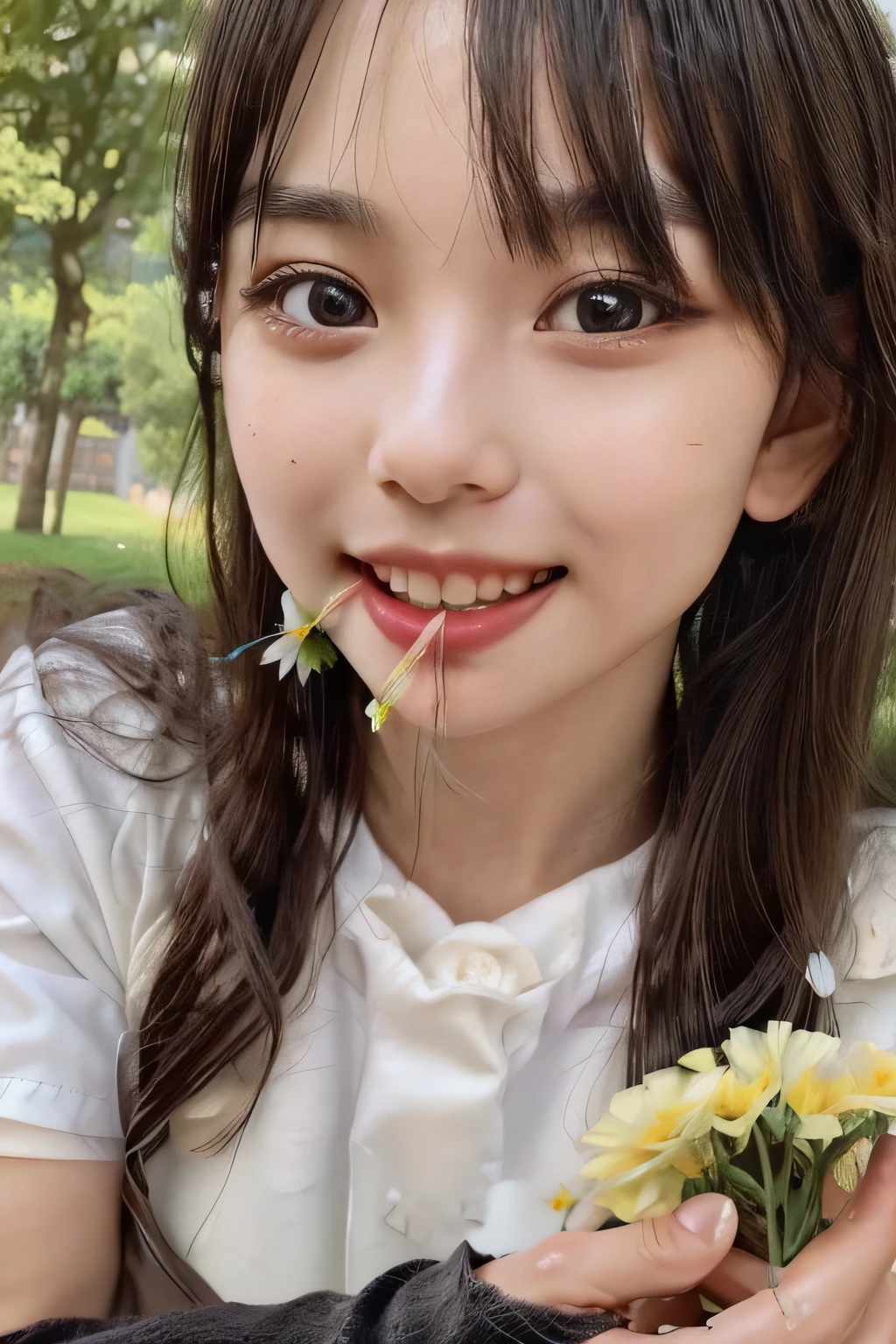 (8k、RAW Photos、highest quality、masterpiece:1.2)、(Realistic、Realistic)、1 girl、((soaking wet, smiling, dizzy, sleepy, unconcious, confident, charming, serious, Bustier、See-through、Knee sock, student using uniform, eating flowers aggressively in her mouth )), God beautiful success Shine happiness, portrait, close-up, half-body, headshot, looking straight to the camera, photoshoot with white background, 、Lots of eyelashes、Glowing eyelids、skeletally correct