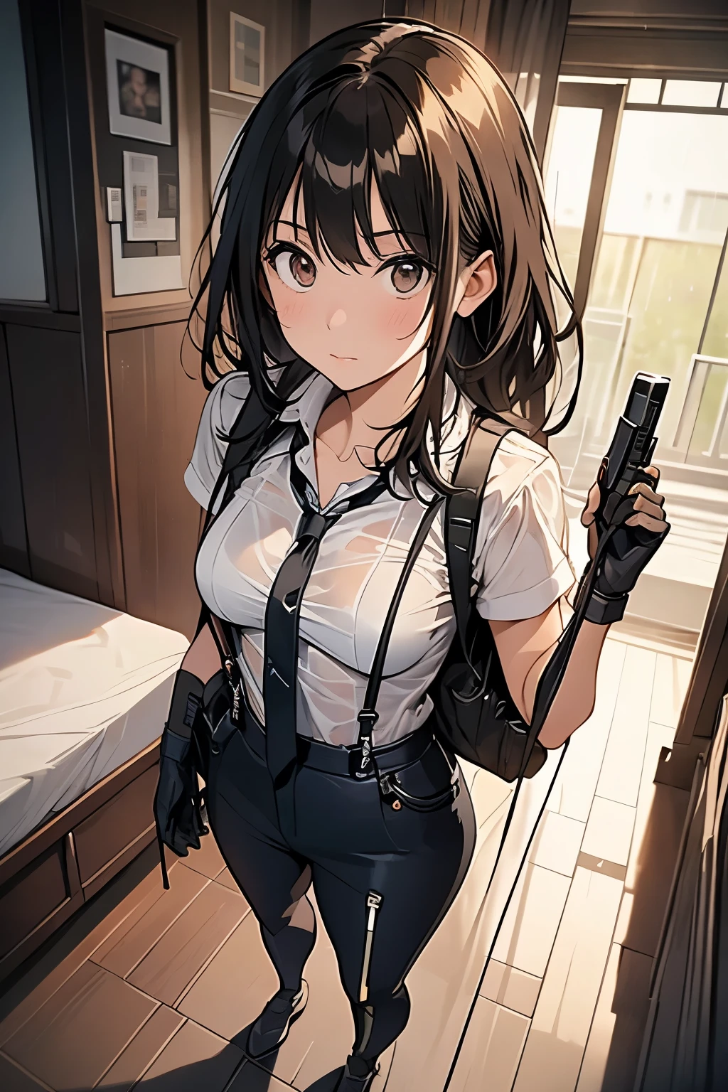 1 female, , high quality, masterpiece, Ultra-high resolution, , Cinema Lighting, , , And the suspenders with the cranes flying Large Breasts Small face holster Lying in bed Looking up Sweat belt summer 脇Sweat Black Hole Gloves suit shirt Black jacket Black trousers Leg Links ズボンにbelt holster Hands behind your back Anxious expression Looking up Anxious face, legs apart Armament Handgun handcuffs Cable ties レッグholster holster See-through clothing heavy rain Getting wet in the rain