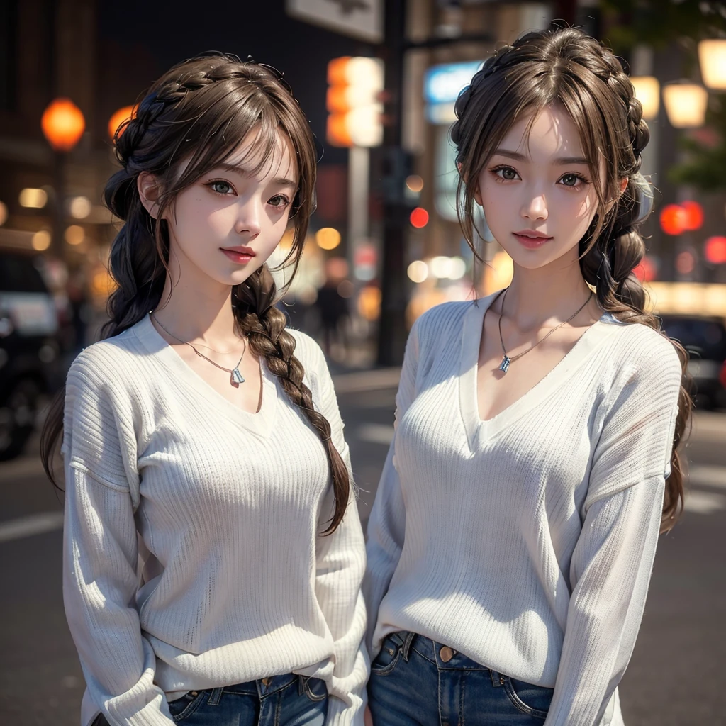 Realistic skin texture:2,1 Japanese girl,(White Vネック sweater:1.4), Skinny Blue Jeans、Daytime street snap,(RAW Photos, Highest quality), (Realistic, Photorealistic:1.4), Tabletop, Very delicate and beautiful, Very detailed, 8k wallpaper, wonderful, In detail, Highly detailed CG unification, High resolution, Soft Light, Beautiful Details 19 years old, Very detailed目と顔, Beautifully detailed nose, Beautiful attention to detail,Cinema Lighting,City lights at night,Perfect Anatomy,Slender body,smile (My hair is messy, Asymmetrical bangs, Light brown hair),(Silver Necklace)、((Braided Hair))