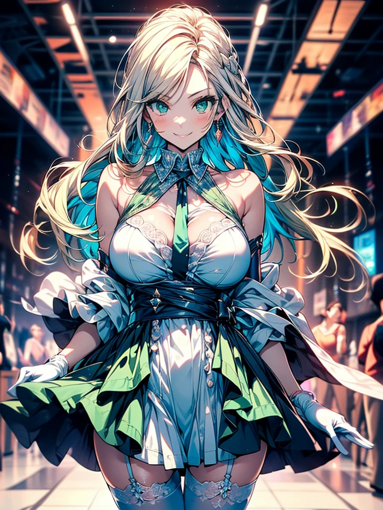 masterpiece, best quality, mature woman, long hair, white hair with green color inner, green eyes color, white gloves, anime, very_long_hair, perfect body, large_breasts, ultra-detailed, high quality, 1girl, 4k ,perfect hands, full body, great details, beautiful anime illustrations, 26 years old, white stockings, (((correct anatomy:1.5))), ((perfect hand:1.5, Ideal body proportions:1.37)), Good realistic skin:1.1, look at the audience:1.3, (Dynamic angle:1.3, Focus Target:1.3), (Many poses:0.0), (charming, Smile sexy too.:1.4), The picture in the middle:0.2, ((milf:1.5, alone:1.5)), wimple, white saintess dress