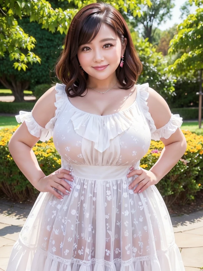 A beautiful and hot almost chubby mature woman.who is wearing a patterned short dress and is and standing in the park. A smiling face、Sexy woman、A radiant smile、adorable、race、Frills、Colorful design、Full-length mirror、An inviting gaze、Gorgeous long and beautiful hairstyle、variation Hairstyle、Open neck blouse、Flower Garden、Sparkling、elegant princess、Smooth Hair、Character portrait, A neat and clean woman、(((Mature dress)))