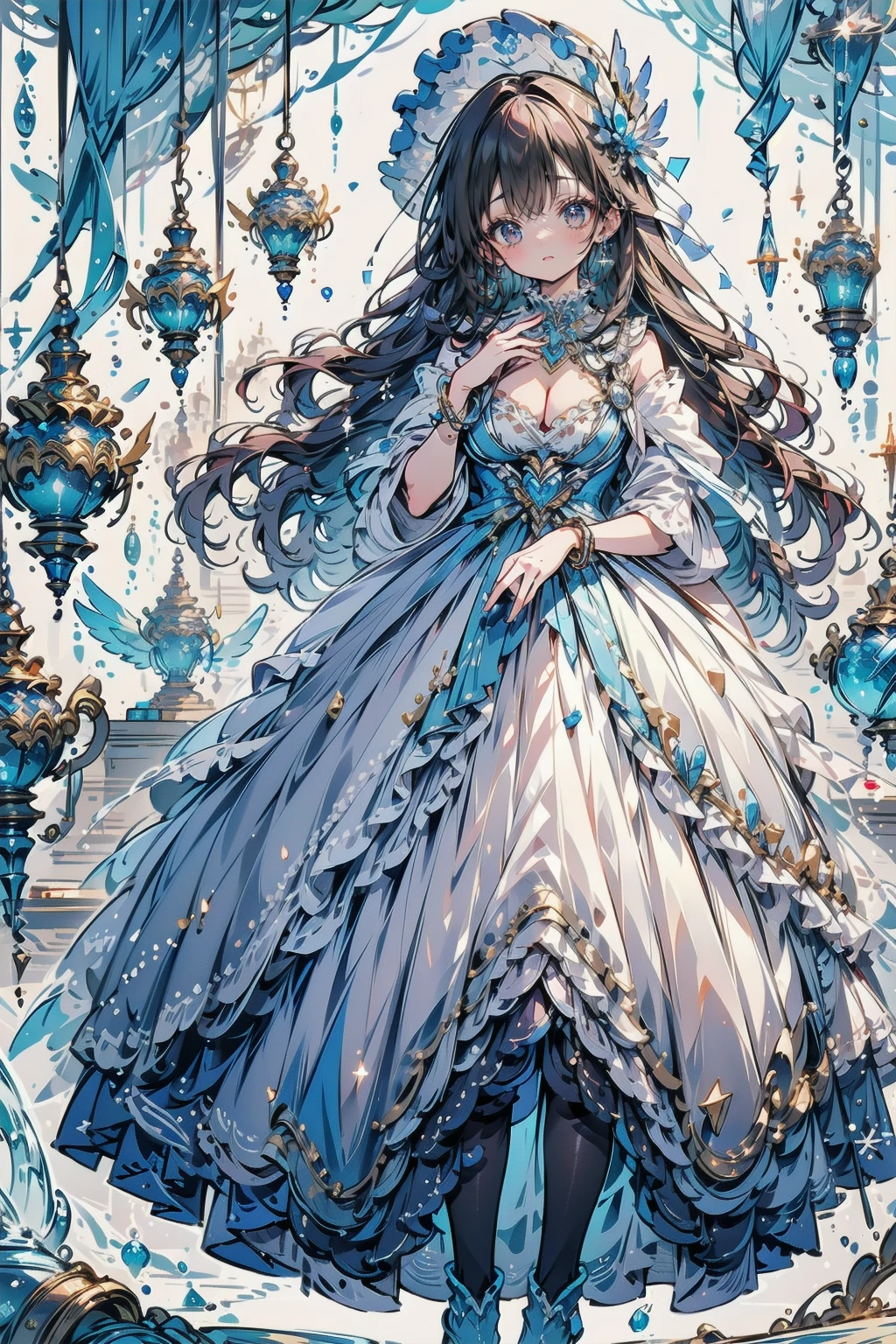 One young and beautiful woman,(Highest quality,Extremely detailed depiction,Incredible high resolution,Anatomically accurate depiction,Curvy Legs),(Glowing Skin,Glowing Skin),(A female swordsman with a noble aura),(Blue Armor,Blue Boots,Metal embroidery,Transparent gemstones and precious metals decoration,Exquisite armor detailing,Holy sword,Valkyrie Helmet,Cape,White tights),(blue eyes,Half-closed eyes:1.3,Shadowed face,lipstick,There is cleavage in the chest,Cool look),eyelash,Luxury Accessories,Earrings,necklace,bracelet,Standing posture