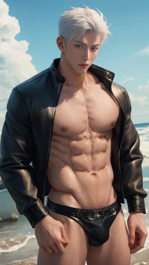 Japanese male model, adult, handsome, perfect face, detailed eyes and face, clean shaved, sixpack realistic, white eyebrow hair, white eyelashes, dynamic lighting, unreal engine 5, hd picture, satoru gojo, white hair, short hair ,hair between eyes ,blue eyes, white skin, Leather jacket