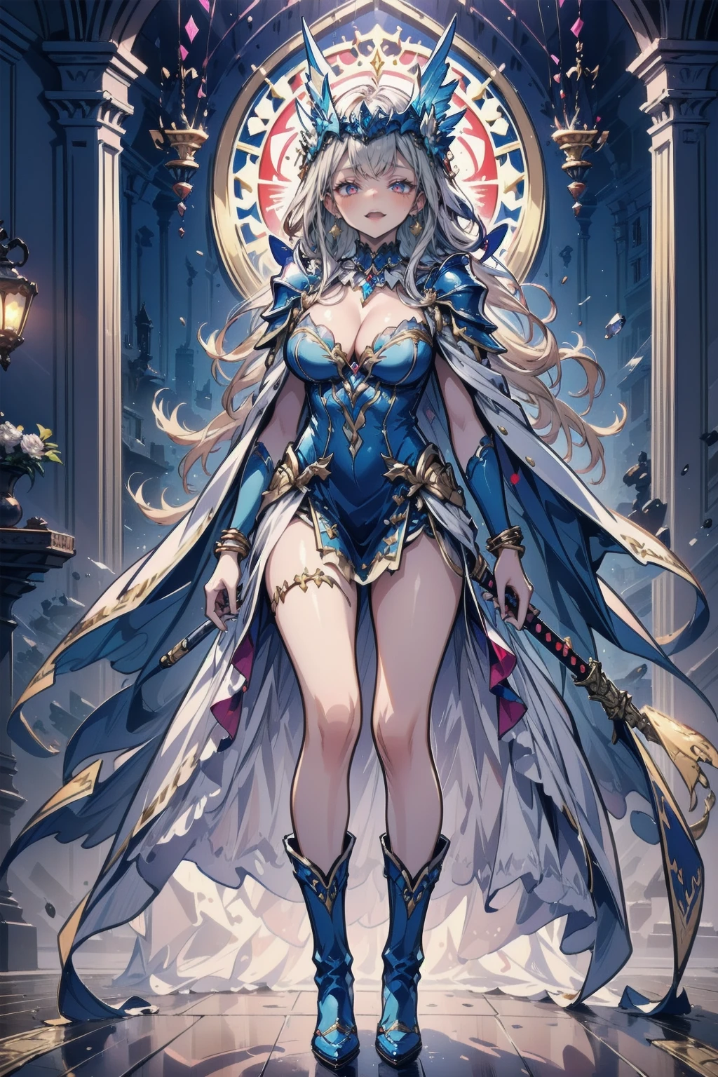 One young and beautiful woman,(Highest quality,Extremely detailed depiction,Incredible high resolution,Anatomically accurate depiction,Curvy Legs),(Glowing Skin,Glowing Skin),(A female swordsman with a noble aura),(Blue Armor,Blue Boots,Metal embroidery,Transparent gemstones and precious metals decoration,Exquisite armor detailing,Holy sword,Valkyrie Helmet,Cape,White tights),(blue eyes,Half-closed eyes:1.3,Shadowed face,lipstick,There is cleavage in the chest,Cool look),eyelash,Luxury Accessories,Earrings,necklace,bracelet,Standing posture