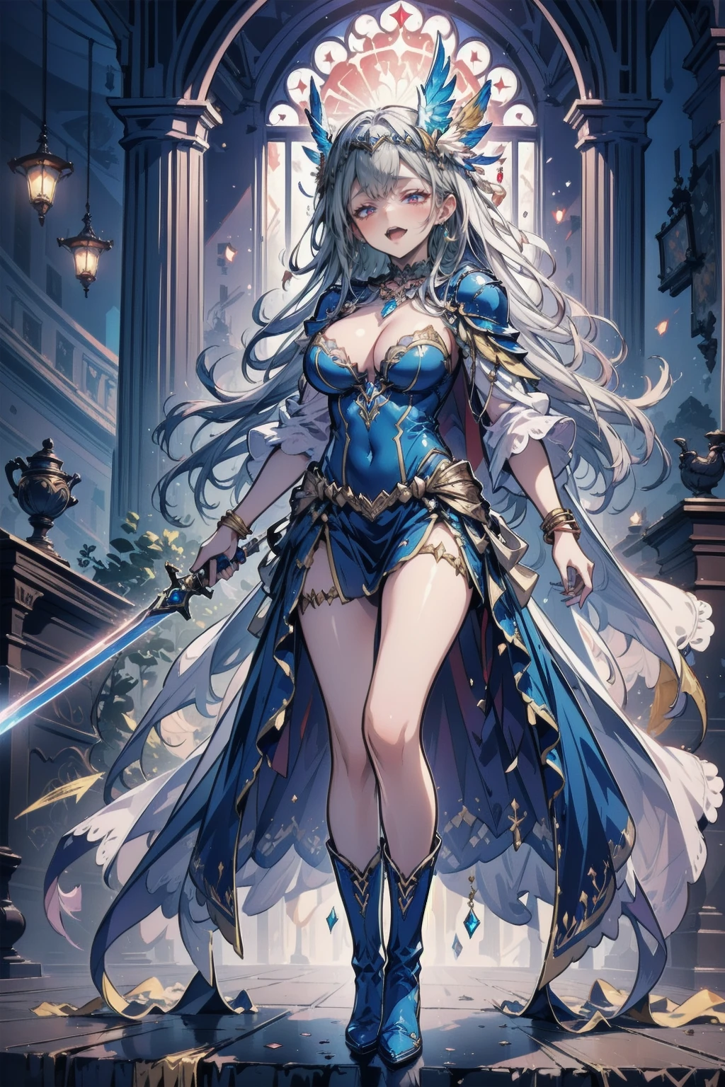 One young and beautiful woman,(Highest quality,Extremely detailed depiction,Incredible high resolution,Anatomically accurate depiction,Curvy Legs),(Glowing Skin,Glowing Skin),(A female swordsman with a noble aura),(Blue Armor,Blue Boots,Metal embroidery,Transparent gemstones and precious metals decoration,Exquisite armor detailing,Holy sword,Valkyrie Helmet,Cape,White tights),(blue eyes,Half-closed eyes:1.3,Shadowed face,lipstick,There is cleavage in the chest,Cool look),eyelash,Luxury Accessories,Earrings,necklace,bracelet,Standing posture