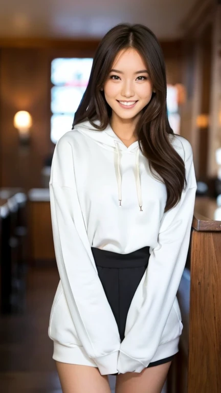 A superb exquisite real beautiful girl, semi-long hair, extremely exquisite facial features, peerless beautiful girl, two-tone color oversized hoodie, slender, small breasts, exposed thighs, sweet shy smile with teeth, soft, dreamy quality, light white and dark brown, exaggerated facial features, solid color, surreal, ultra-clear, beautiful, cute and lively, background at the bar counter,