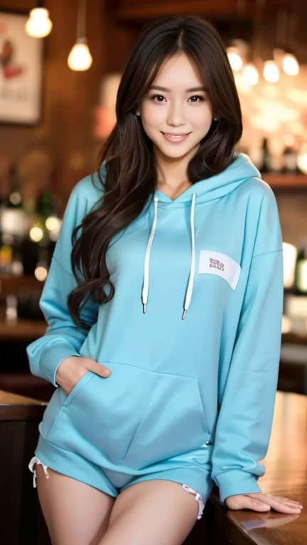 A superb exquisite real beautiful girl, semi-long hair, extremely exquisite facial features, peerless beautiful girl, two-tone color oversized hoodie, slender, small breasts, exposed thighs, sweet shy smile with teeth, soft, dreamy quality, light white and dark brown, exaggerated facial features, solid color, surreal, ultra-clear, beautiful, cute and lively, background at the bar counter,