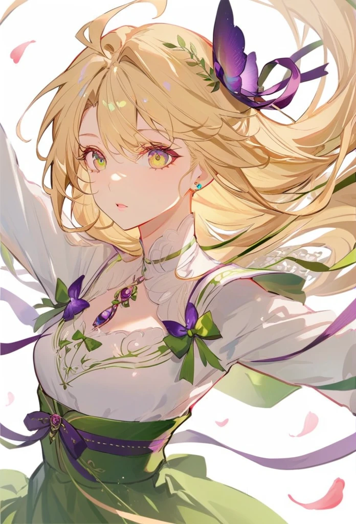 (Dynamic Angle:1.3),Close-up,windy,Highlights,1 Girl,Upper Body,Dance,Looking at the audience, Purple_Evergarden, 独自of, Jewelry, blank Eye,brooch, Blonde_hair,( vevry long hair:1.2),floating hairlong_sleeve, Ribbon, 蓝色of_Eye, jacket, skirt, gem, hair_Ribbon,Sky, depth_of_site, a close view of flying petal,