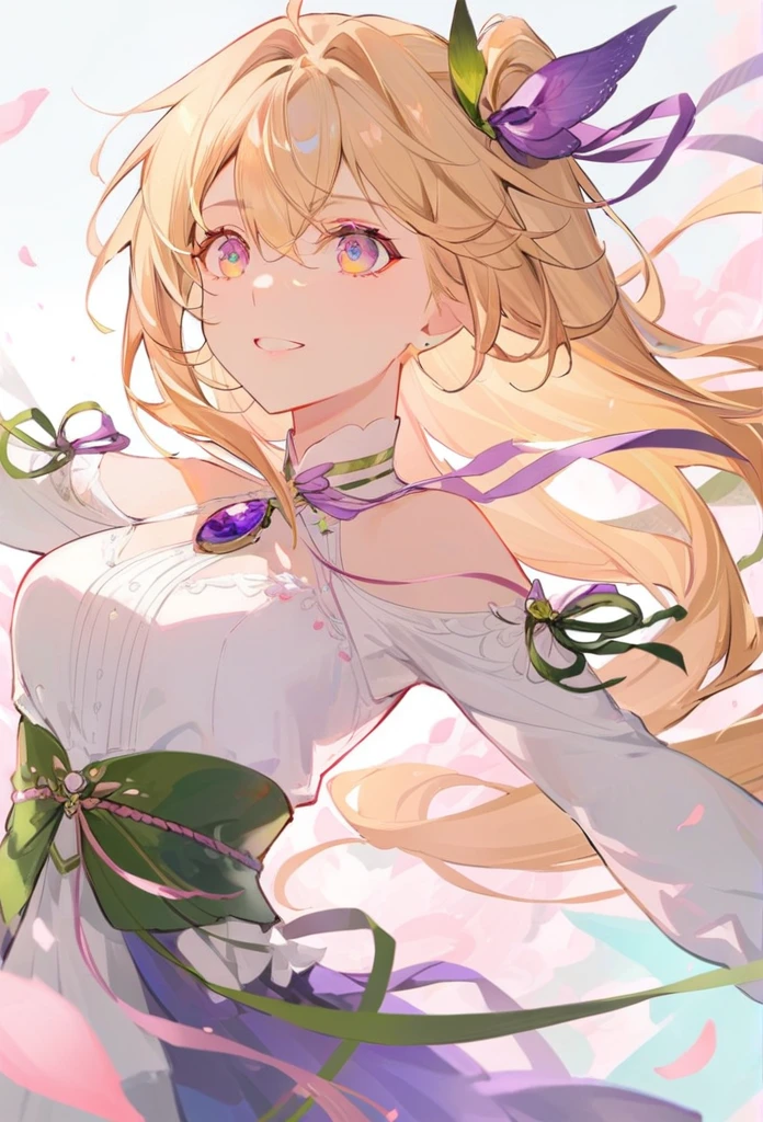 (Dynamic Angle:1.3),Close-up,windy,Highlights,1 Girl,Upper Body,Dance,Looking at the audience, Purple_Evergarden, 独自of, Jewelry, blank Eye,brooch, Blonde_hair,( vevry long hair:1.2),floating hairlong_sleeve, Ribbon, 蓝色of_Eye, jacket, skirt, gem, hair_Ribbon,Sky, depth_of_site, a close view of flying petal,