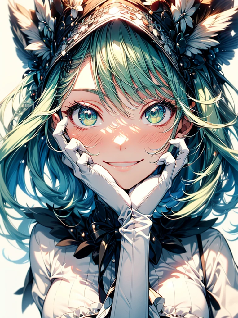 masterpiece, best quality, mature woman, long hair, white hair with green color inner, green eyes color, white gloves, anime, very_long_hair, perfect body, large_breasts, ultra-detailed, high quality, 1girl, 4k ,perfect hands, full body, great details, beautiful anime illustrations, 26 years old, white stockings, (((correct anatomy:1.5))), ((perfect hand:1.5, Ideal body proportions:1.37)), Good realistic skin:1.1, look at the audience:1.3, (Dynamic angle:1.3, Focus Target:1.3), (Many poses:0.0), (charming, Smile sexy too.:1.4), The picture in the middle:0.2, ((milf:1.5, alone:1.5)), wimple, white saintess dress