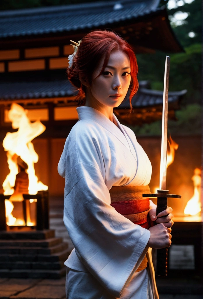 The background is a burning Japanese temple.、Midnight、Redhead、A woman in a white kimono holding a Japanese sword、Women are also burning