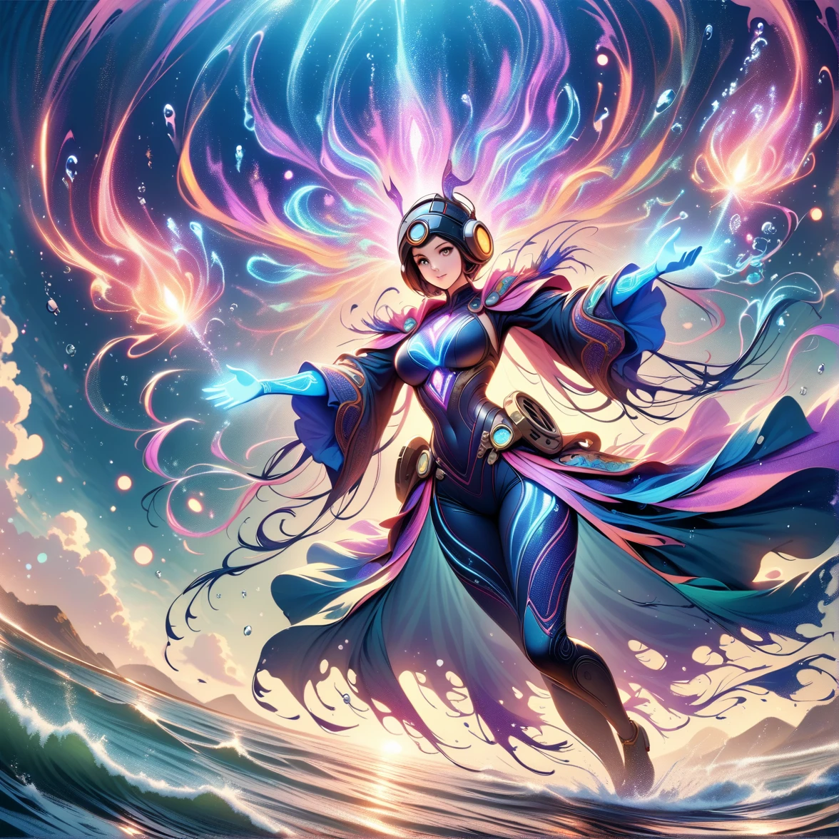 (best qualityer, work of art, absurderes, high resolution, ultra_detailded, dynamic angle:1.2), photo by 1girl, magician, Aquamante, (colorfully:1.3) ornate diving bodysuit, mud diving helmet, brilliant cybernetics, long cloak woven with celestial patterns, (Spell, arcane knowledge, empowering allies, Elemental Water Magic:1.5), Ethereal glowing runes, (Underwater:1.2), sea plants, Bioluminescence, futurist, sci-fi, (details Intricate, hyperdetailded:1.15), (Ultra-high resolution textures), bokeh, (Volumetric, cinematic, dark blue) Lighting, caustics, Depth of field