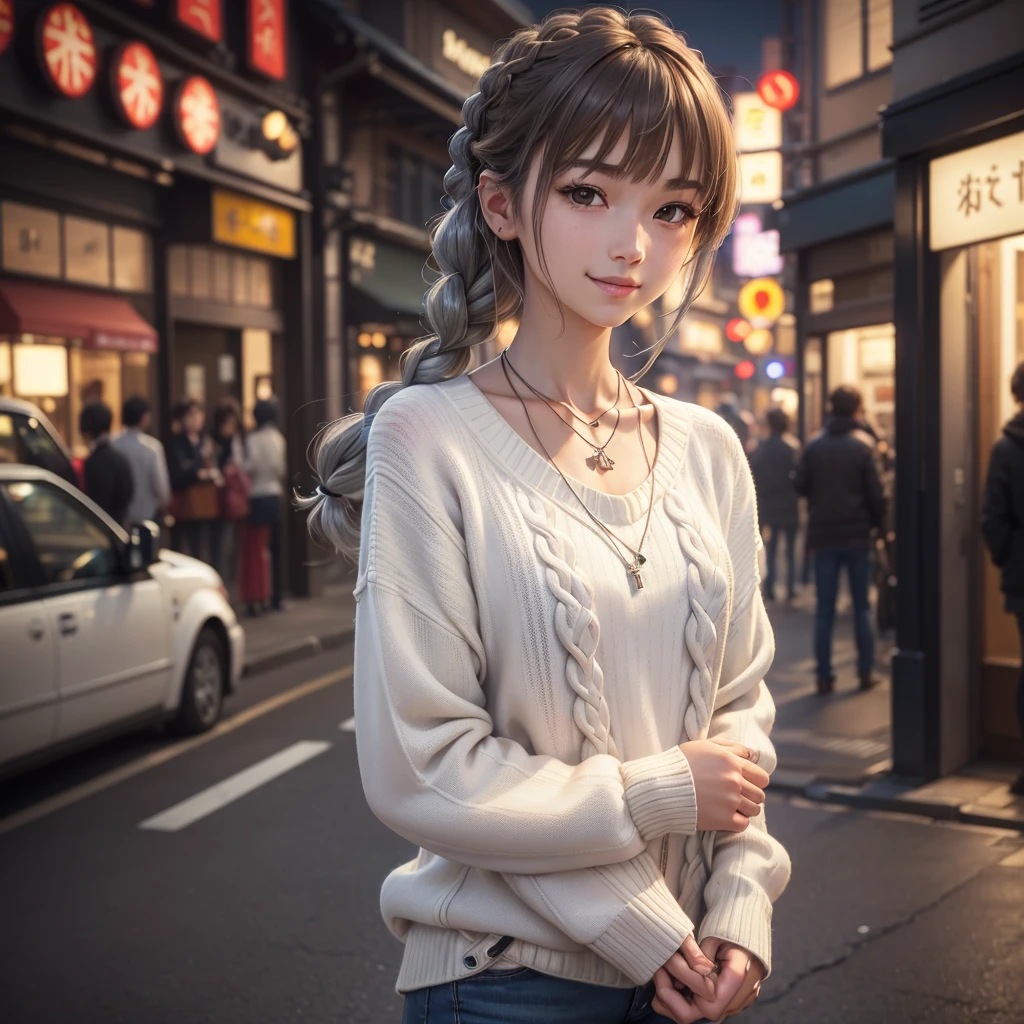 Realistic skin texture:2,1 Japanese girl,(White Vネック sweater:1.4), Skinny Blue Jeans、Daytime street snap,(RAW Photos, Highest quality), (Realistic, Photorealistic:1.4), Tabletop, Very delicate and beautiful, Very detailed, 8k wallpaper, wonderful, In detail, Highly detailed CG unification, High resolution, Soft Light, Beautiful Details 19 years old, Very detailed目と顔, Beautifully detailed nose, Beautiful attention to detail,Cinema Lighting,City lights at night,Perfect Anatomy,Slender body,smile (My hair is messy, Asymmetrical bangs, Light brown hair),(Silver Necklace)、((Braided Hair))